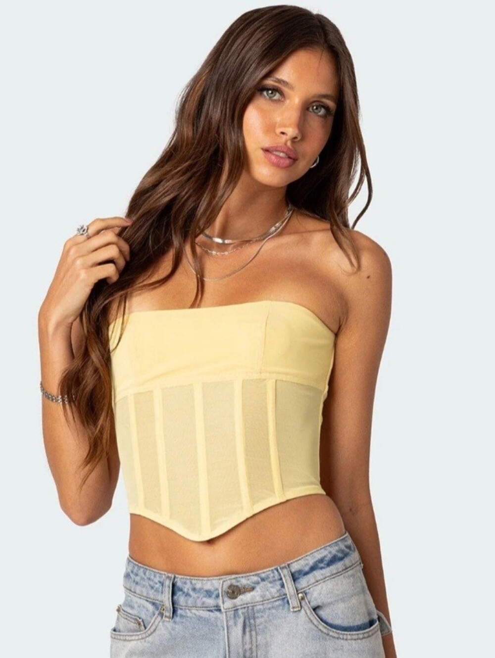 Edikted Strapless Boned Bustier Top in Light Yellow